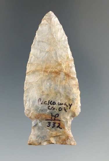 2 1/4" Hopewell made from Coshocton Flint, found in Pickaway Co., Ohio. Comes with a Bennett COA.