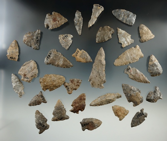 Group of 30 assorted arrowheads found in New York, largest is 2 1/4".