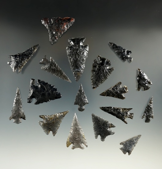 Group of 17 obsidian artifacts found in Oregon, all of which have either some damage or restoration.