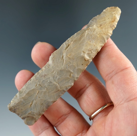 Fluted Paleo Lance found in Allen Co., Kentucky. Heavily ground and uniquely styled.