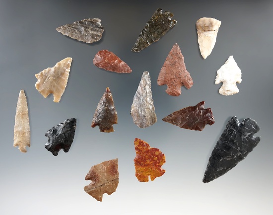 Group of 15 assorted arrowheads found near Kettle Falls, Columbia River, largest is 1 3/4".