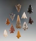 Group of 11 assorted arrowheads Found in Klickitat County Washington, largest is 1 1/4