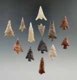 Set of 13 assorted Columbia River arrowheads, largest is 1 3/8