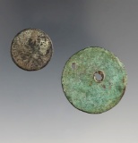 Pair of coins including one large cent and an 1884 penny found on Wayne Co., Ohio sites.