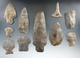 Group of 10 assorted flaked artifacts found in New York, largest is 4 3/8