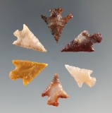 Group of six Columbia River Gem points, largest is 5/8