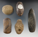 Set of five assorted stone tools found in New York, largest is 3 7/8