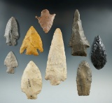 Set of nine assorted Flint points and knives from various locations, largest is 3 11/16