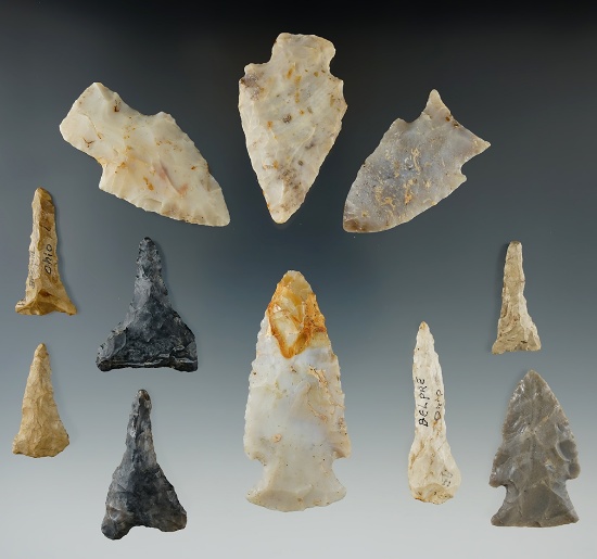 Group of 11 assorted points and drills found in Washington Co., Ohio. Largest is 2 9/16".