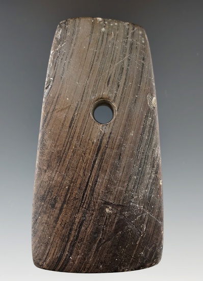 3 3/4" Adena Trapezoidal Pendant made from Banded Slate, found in Randolph Co., Indiana.