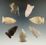 Group of 7 Assorted Arrowheads found in Indiana and Kentucky, largest is 1 3/4