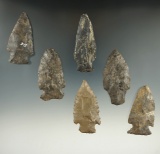 Group of six assorted arrowheads found in New York, one has a restored ear. Largest is 2 1/2
