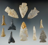 Group of 11 assorted points and drills found in Washington Co., Ohio. Largest is 2 9/16