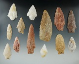 Set of 13 assorted Quartz points and Knives found in Maryland, largest is 3 3/8