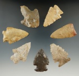 Group of 7 Assorted Arrowheads found in Indiana and Kentucky, largest is 1 15/16