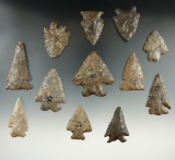 Group of 12 mostly Onondaga Flint points and knives found in New York, largest is 2 1/8