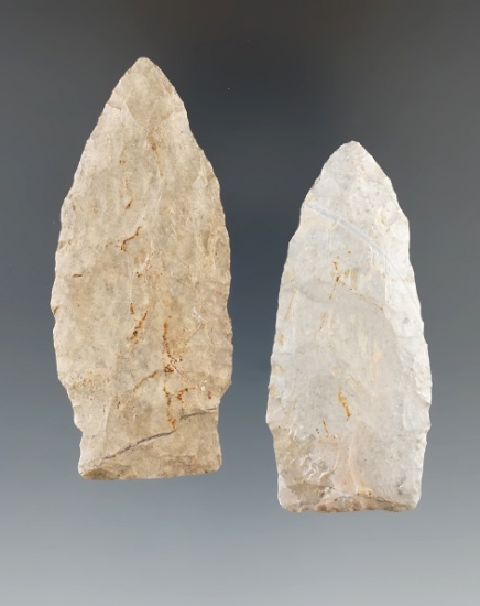 Pair of Stemmed Lanceolates made from Coshocton Flint.  Largest is 2 5/8". Holmes Co., Ohio.