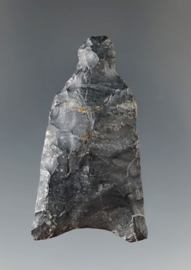 1 3/4" Paleo Fluted Point with notched tip, made from Coshocton Flint. Holmes Co., Ohio.