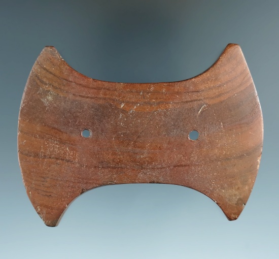 3 1/2" Adena Bi-Concave Gorget - restored break at one hole - found in Fayette Co., Ohio.