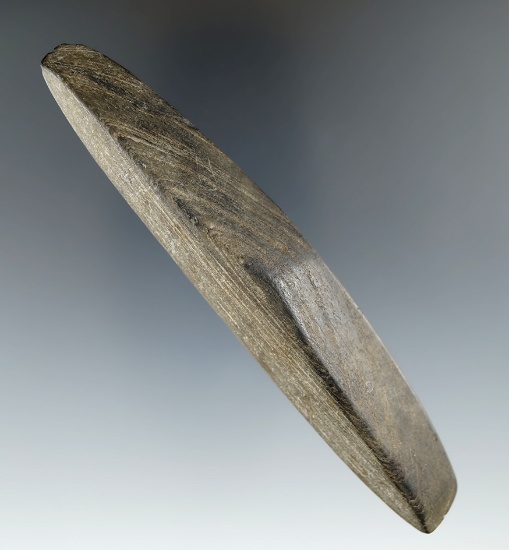 4 13/16" Elliptical Archaic Bar Weight made from Banded Slate, Geauga Co., Ohio.