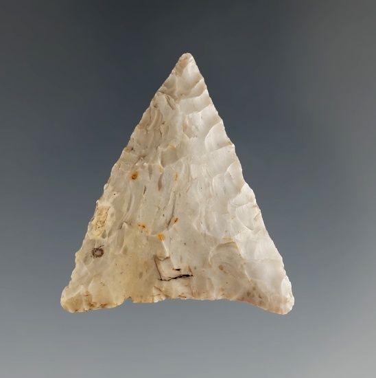 1 5/8" Mississippian triangle point made from Flint Ridge Flint found in Ohio.