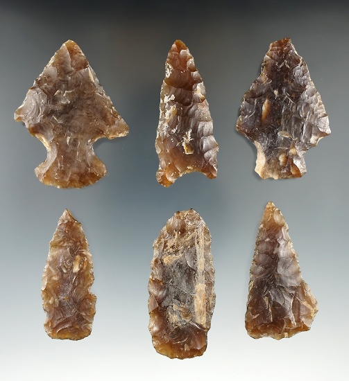 Set of six Knife River Flint points and knives found in Eastern South Dakota. Largest is 2 3/16".