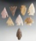 Group of eight assorted Texas arrowheads in nice condition, largest is 2 1/8