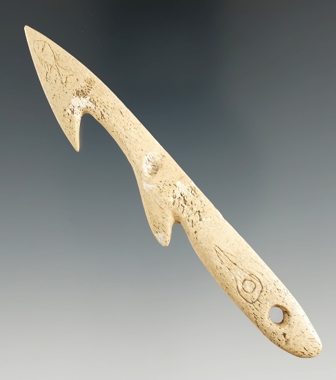 4 1/8" double Barb Alaskan Inuit harpoon tip with engraved images on one side.