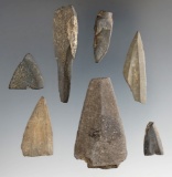 Group of seven slate points found in Alaska, some have damage. Largest is 2 1/16