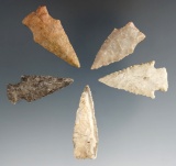 Set of five arrowheads found in Texas, largest is 1 11/16