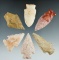 Six assorted arrowheads found in Missouri, largest is 2 3/8