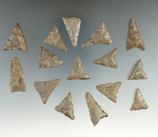 Group of 15 Mississippian triangle points found in Allegheny Co., New York. Largest is 1 3/16".