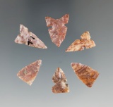 Group of six Alibates Flint arrowheads found in the Southwest, largest is 7/8