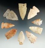 Set of nine assorted Missouri and Illinois arrowheads, largest is 2 3/8