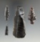 4 obsidian points & knives found in Teotihuacan, Mexico. One stemmed point has a glued tip.