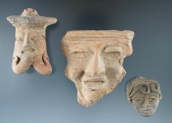 Set of three pre-Columbian pottery heads found in Mexico, largest is 2 5/8".".