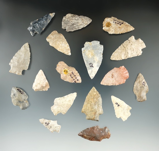 Group of approximately 17 assorted arrowheads found mostly in Ohio. Largest is 1 5/8".