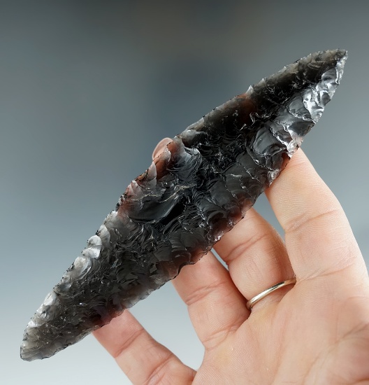 5 1/2" obsidian bi-pointed Knife found near Crump Lake, Lake Co., Oregon. Ex. Marie Dyke.