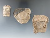 Set of three pre-Columbian pottery heads found in Mexico, largest is 2 3/16
