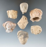 Set of seven pre-Columbian pottery heads found in Mexico, largest is 1 1/2