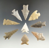 Group of nine assorted Texas arrowheads, largest is 1 7/8
