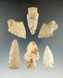 Set of 6 Assorted Indiana Arrowheads, largest is 2 3/8
