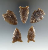Set of five assorted arrowheads made from beautiful Knife River Flint - Eastern South Dakota.