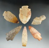 Set of 6 Midwest Arrowheads, largest is 3 1/16