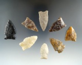 Group of 8 assorted Eastern South Dakota arrowheads, largest is 1 1/2