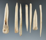 Group of seven bone awls found near the Missouri River in North Dakota. Largest is 3 13/16