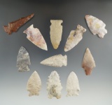 Set of 11 Assorted Midwest Arrowheads, largest is 2 3/16