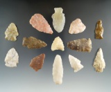Group of 13 assorted arrowheads found in Eastern South Dakota, largest is 1 5/8