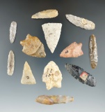 Group of Ohio artifacts including five points and seven drills. Largest is 1 15/16