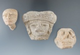 Set of three pre-Columbian pottery heads found in Mexico, largest is 2 7/16